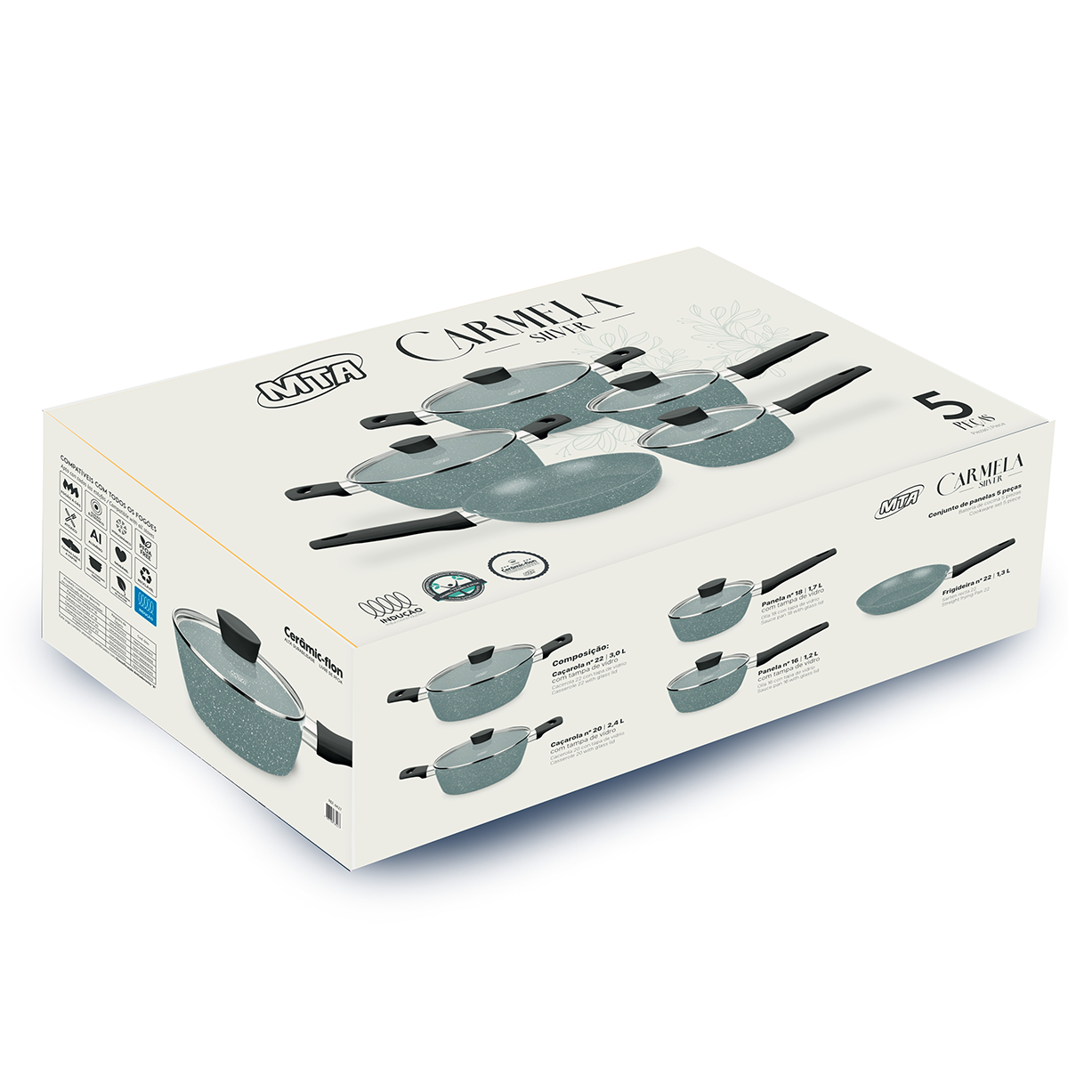 Conjunto de Panelas Carmela Silver Ceramic-Flon 5Pçs em Alumínio