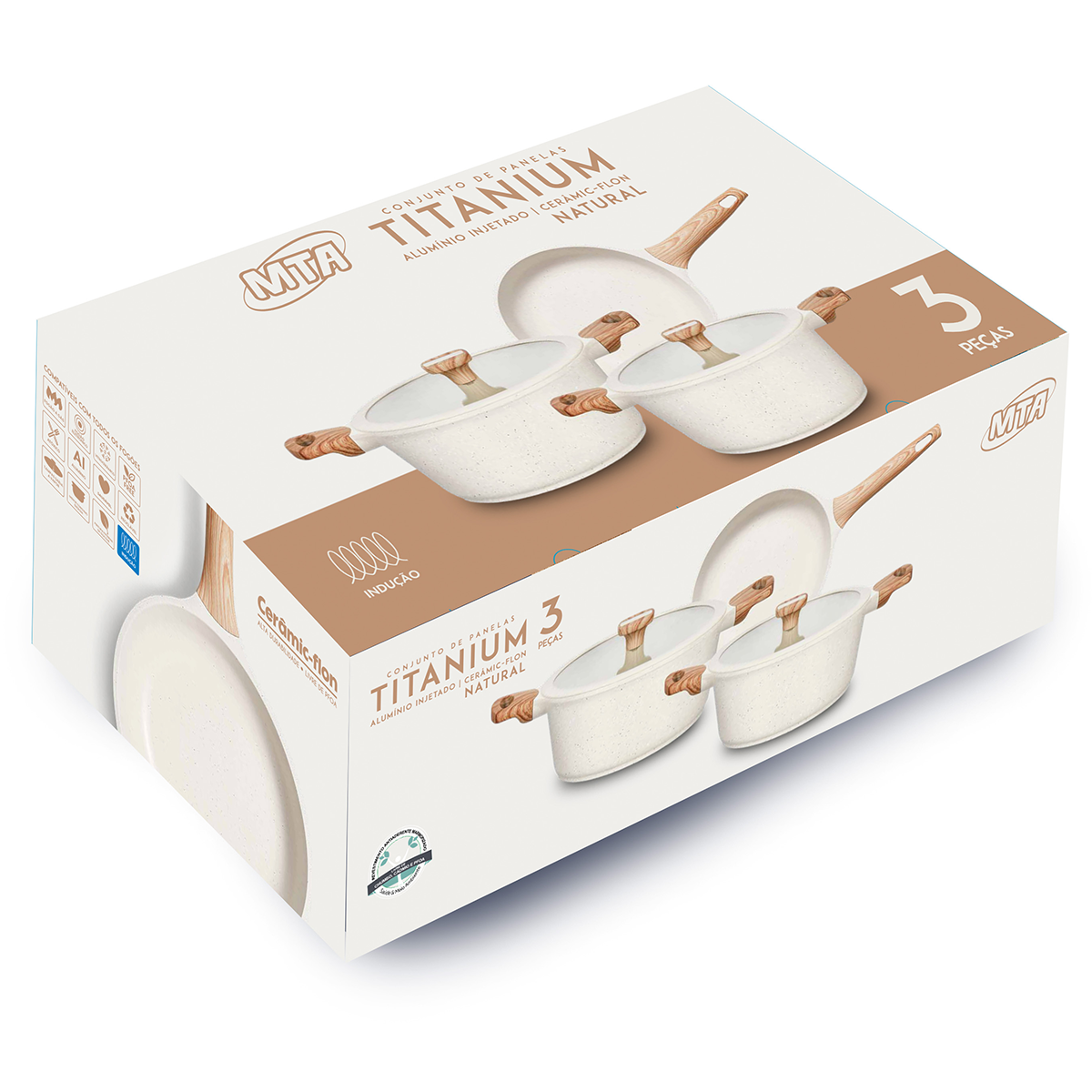 Conjunto de Panelas Titanium 3Pçs em Alumínio e Indução Vanilla