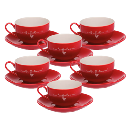 Conjunto de Xícaras 160ml com Pires de Porcelana Lamour Vermelha 6 Pçs JGCH-044VM Hauskraft