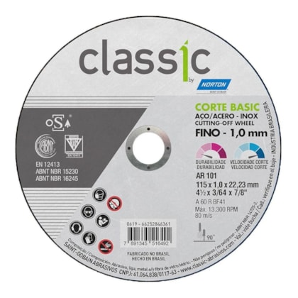 Disco de Corte Aço Inox Classic 4.1/2X1,0X7/8 AR 101 Norton