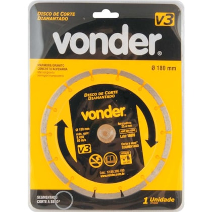 Disco de Corte Diamantado 180mm Segmentado V3 1268300180 Vonder