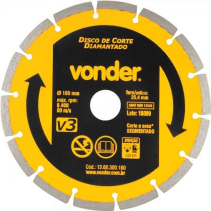 Disco de Corte Diamantado 180mm Segmentado V3 1268300180 Vonder
