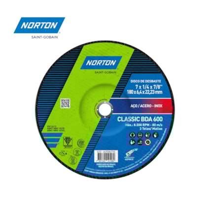 Disco de Desbaste Classic BDA600 Para Aço e Aço Inox 180mm x 22,23mm 66252842720 Norton-7ce9ea0f-411f-4045-b9cd-d4af91fd5c3d