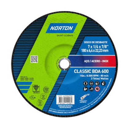 Disco de Desbaste Classic BDA600 Para Aço e Aço Inox 180mm x 22,23mm 66252842720 Norton-e5da5883-3d2e-4795-a888-26ba0c4eab6d