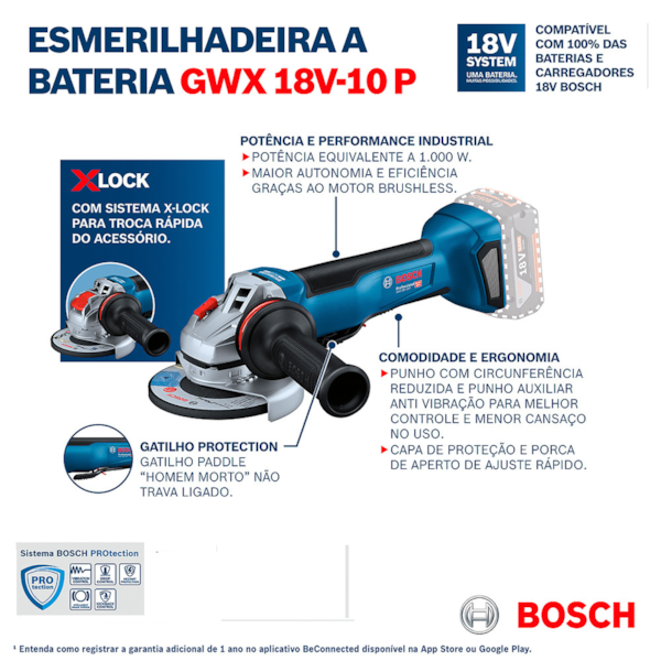 Esmerilhadeira Angular a Bateria 18V com X-LOCK 10