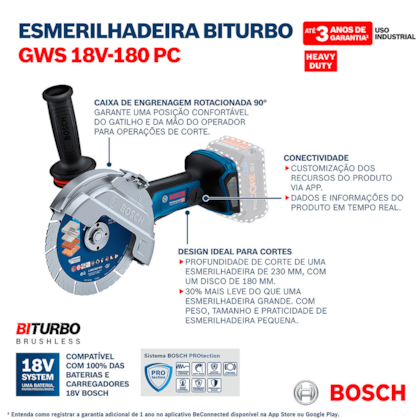 Esmerilhadeira Angular PRO Com Alça Auxiliar 180mm 18V GWS 18V-180 PC Bosch-f2f6b360-1e97-4704-bcb1-fca4ed06040c