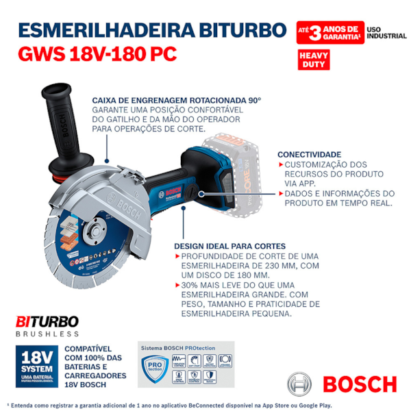 Esmerilhadeira Angular PRO Com Alça Auxiliar 180mm 18V GWS 18V-180 PC Bosch-2aea5047-d5a7-44f4-ad27-e9f065cb4c65