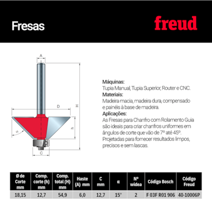 Fresa para Chanfro 18,15mm Corte 12,7mm 1906 Freud-0e550ab4-fb98-44fa-b97a-ecdac7501a6a