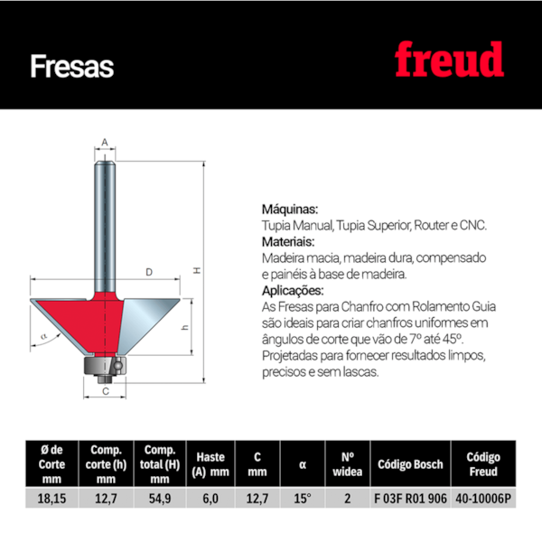 Fresa para Chanfro 18,15mm Corte 12,7mm 1906 Freud-e44ad49f-a5fa-456e-9895-0cc5b10fcfcb