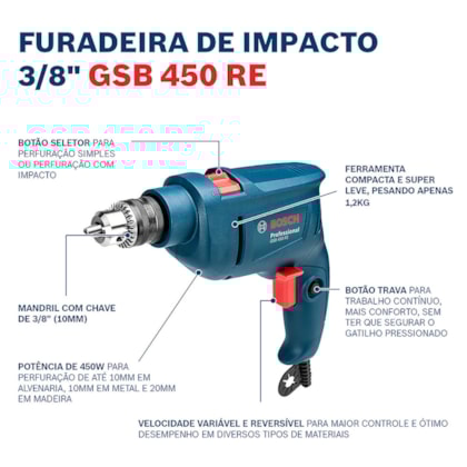 Furadeira De Impacto Professional 3/8 Pol. 450W 220V GSB 450-RE Bosch-caa20295-84d7-4646-9ba0-d44071433697