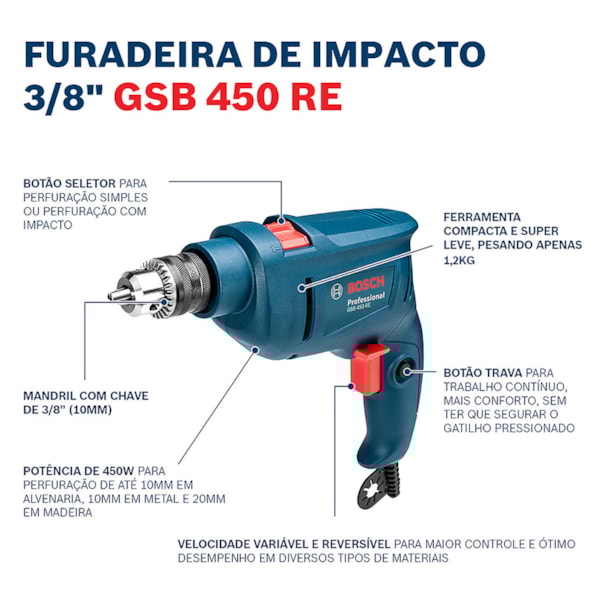 Furadeira De Impacto Professional 3/8 Pol. 450W 220V GSB 450-RE Bosch-634137ed-02d5-444b-aa61-43067d6c6a15