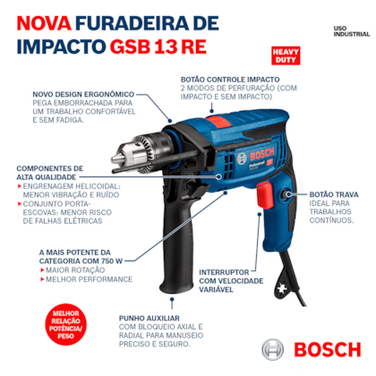 Furadeira e Parafusadeira de Impacto 750W 127V GSB 13 RE Bosch-f29bdbaa-968d-4a7f-a66e-d8e41052ce10