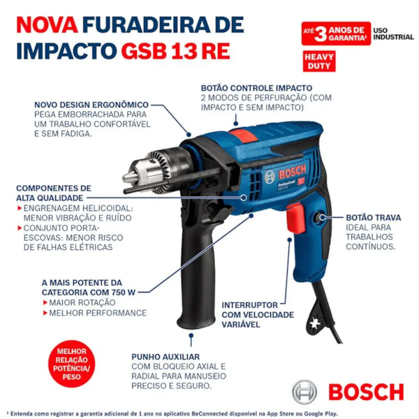 Furadeira Impacto Reversível 650W 220V GSB 13 RE+23AC Bosch -3d79b5b9-cb20-4227-b4e3-a30552b66a18