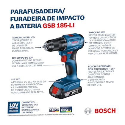Furadeira/Parafusad. de Impacto a Bateria 18V Brushless + Bateria 18V e Maleta GSB 185-LI 1B Bosch -e16cdcf7-6eea-4987-8c0e-8f57daaa1df2