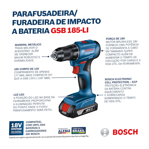 Furadeira/Parafusad. de Impacto a Bateria 18V Brushless + Bateria 18V e Maleta GSB 185-LI 1B Bosch -9e1c420c-1810-433e-9215-bbf0e2edd0f6