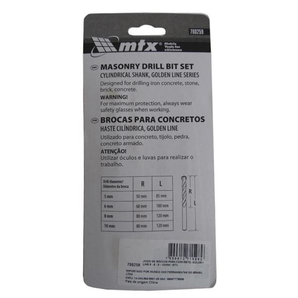 Jogo de Broca Para Concreto 5A10MM 708259 MTX-82042807-3c6e-40f6-8a13-55769ef575f6