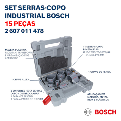 Jogo de Serra Copo Bimetal HSS 19mm a 76mm Com 15 Peças 2607011478 Bosch-3c3176d4-b5db-4d6c-bbb8-dc617f9844eb