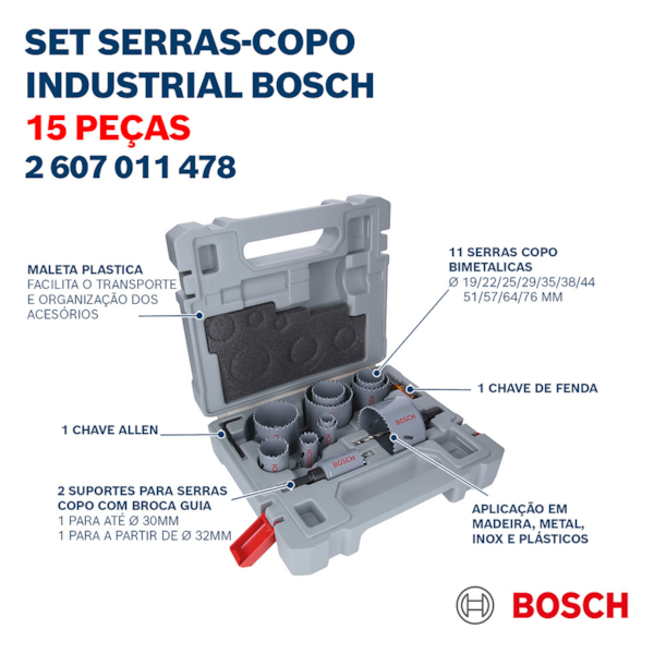 Jogo de Serra Copo Bimetal HSS 19mm a 76mm Com 15 Peças 2607011478 Bosch-23aac7c8-7371-4e90-bec8-8a50bdb908e4