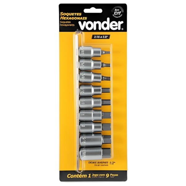 Jogo de Soquetes Hexagonais  9 Pçs Enc 1/2 Pol. Cap 3/16 a 5/8 Pol. 3029316058 Vonder-0df96aaa-b2b3-4632-9602-79e76ca77fd5