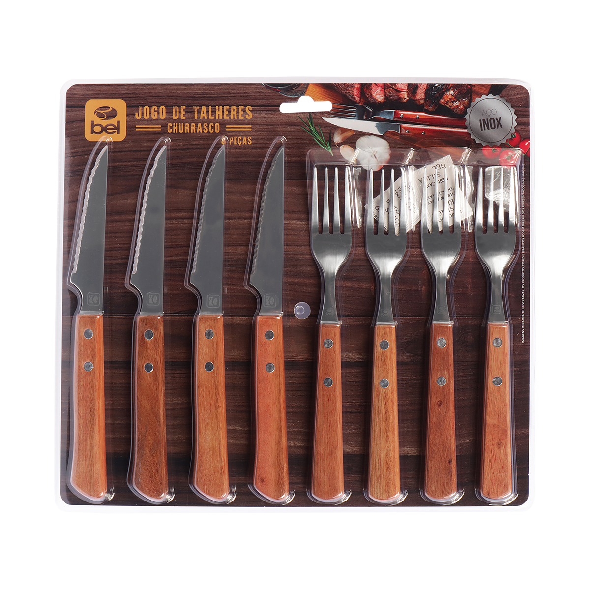 Jogo de Talheres Para Churrasco Inox com Cabo de Madeira 8Pçs