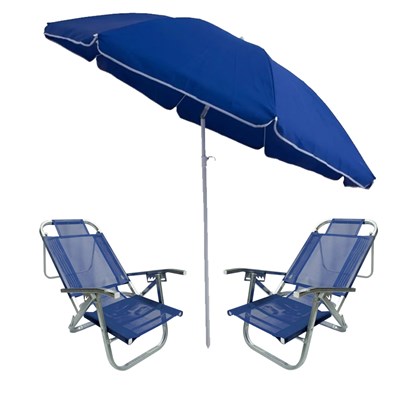 Kit 2 cadeiras de praia + Guarda-Sol Articulável 2,00 m azul Verão Nautika