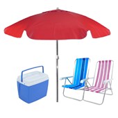 Kit 2 cadeiras de praia reclinável verão + 1 Guarda-Sol 2,00M Vermelho + 1 Caixa Térmica Azul Bel