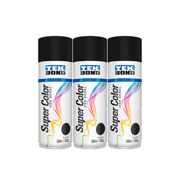 Kit 3 Tintas Spray Super Color Preto Fosco Uso Geral 350ml Tekbond-2904623b-1943-4a73-800e-c8e942886275