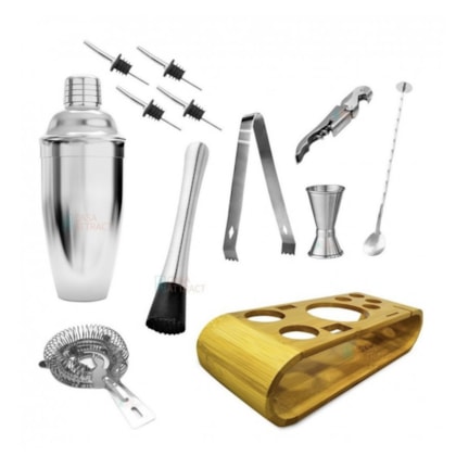 Kit Bar Aço Inox 550ml Com 12 peças e Suporte madeira GH415 Globalmix-a4b04ac6-306d-4b72-8f8e-c274477cac68
