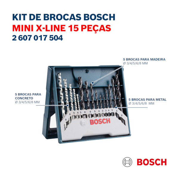 Kit Jogo de Brocas Metal Madeira Alvenaria 3 a 8mm 15 peças X-Line 2607017504 Bosch-55408964-658c-476b-bb81-7c6dc031f144