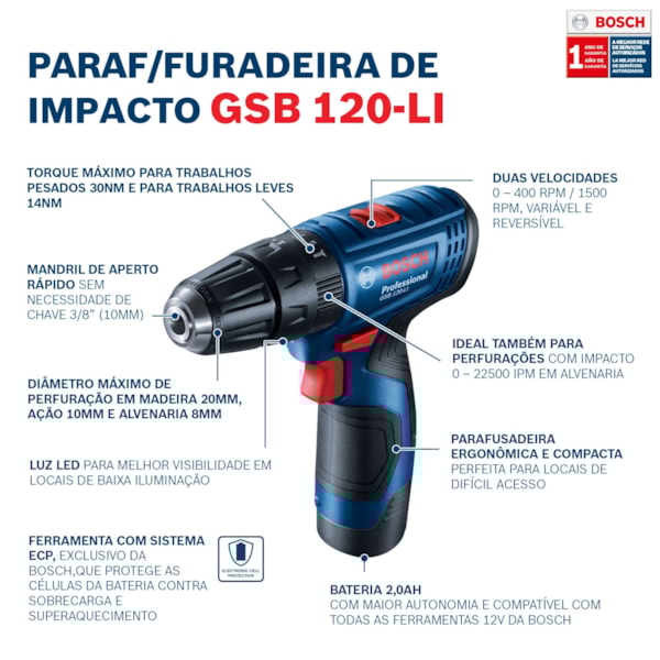 Kit Parafusadeira/Furadeira de Impacto à Bateria  GSB120LI + Brinde Jg de Bits X-LINE 25PÇS Bosch-f5f63116-808b-4ac9-8e40-cce4f1437505