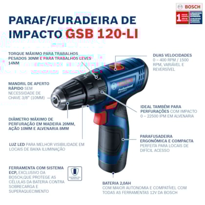 Kit Parafusadeira/Furadeira de Impacto à Bateria GSB120LI + Brinde Jg de Bits X-LINE 25PÇS Bosch-f6a43f7c-de3b-4b40-89f0-088bd932b706