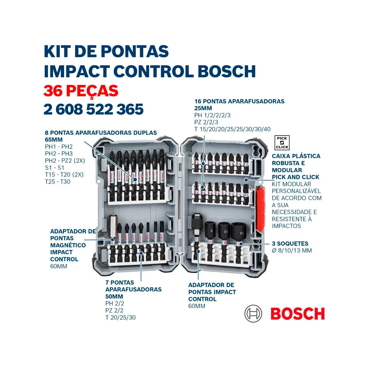 Kit Pontas e Soquetes Impact Control 36 pçs 2608522365 Bosch