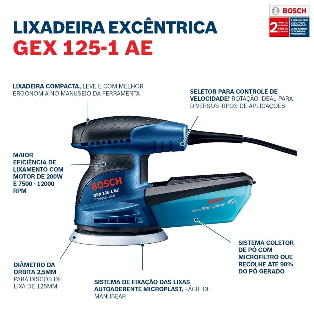 Lixadeira Orbital Excêntrica GEX 125-1 AE 250w Bosch | Ultra Maquinas