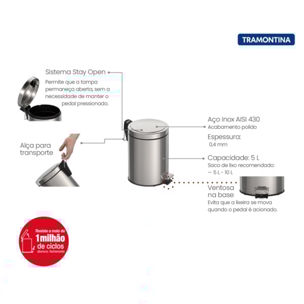 Lixeira Aço Inox Com Pedal 5 Litros 94538/105 Tramontina-23829c2d-b641-4fad-8660-e23c8f50f6f0
