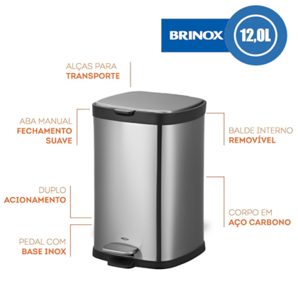 Lixeira com Pedal Balde Frame Em Aço Carbono 12L Inox 3065/101 Brinox-1f69c2af-30a4-40bb-8916-8eb33892946d