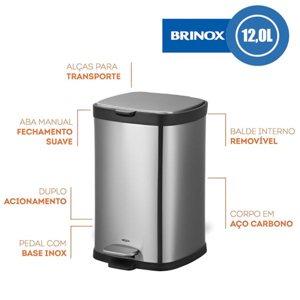 Lixeira com Pedal Balde Frame Em Aço Carbono 12L Inox 3065/101 Brinox-84ce3fe1-069a-493c-9f3e-b5fe1000f786