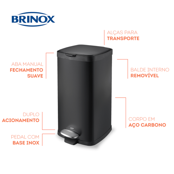 Lixeira com Pedal Balde Frame em Aço Carbono 20L Preto 3066/100 Brinox-3d6f1ef7-58c7-498a-912e-add29954997a