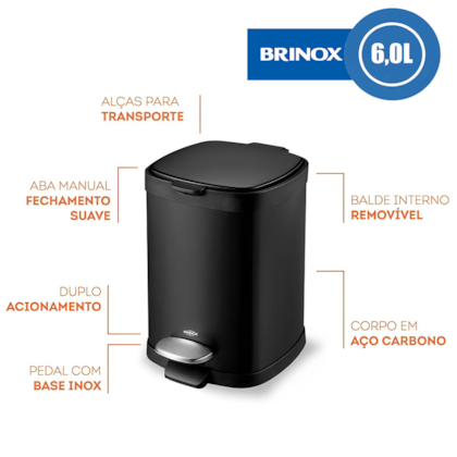 Lixeira com Pedal Balde Frame em Aço Carbono 6,0L Preto 3064/100 Brinox-2b1a104f-6170-46e3-8bfb-41b54e44ace8
