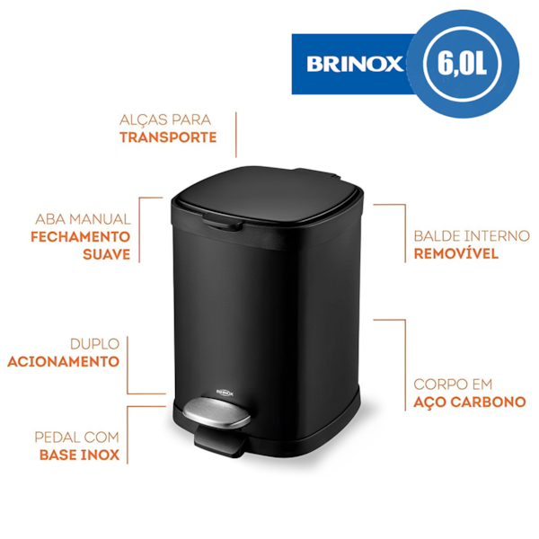 Lixeira com Pedal Balde Frame em Aço Carbono 6,0L Preto 3064/100 Brinox-a5fff486-a486-46ce-85e8-138cdb0410be