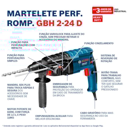 Martelete Perfurador Rompedor 820W 220V SDS Plus 2,7J + Kit 5 Brocas Videa GBH 2-24D BRO Bosch  -f633eb1d-d003-4254-963f-f99554f9969a