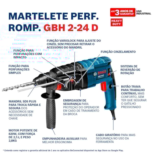 Martelete Perfurador Rompedor 820W 220V SDS Plus 2,7J + Kit 5 Brocas Videa GBH 2-24D BRO Bosch  -fbb88f97-8e0b-4b89-9719-51374223ad3c
