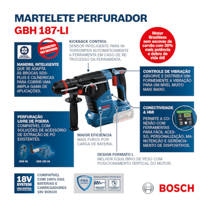 Martelete Perfurador Rompedor a Bateria 18V Brushless + 2 Bateria e Maleta GBH 187 LI BAT Bosch-f3ea15ef-87d8-490f-9cc5-87b7d3b73640