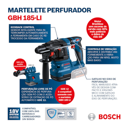 Martelete Perfurador Rompedor SDS Plus 18V Brushless + 2 Baterias e Maleta GBH 185 LI Bosch -63a223d0-e36c-4a85-9e3f-982e1f9110c8
