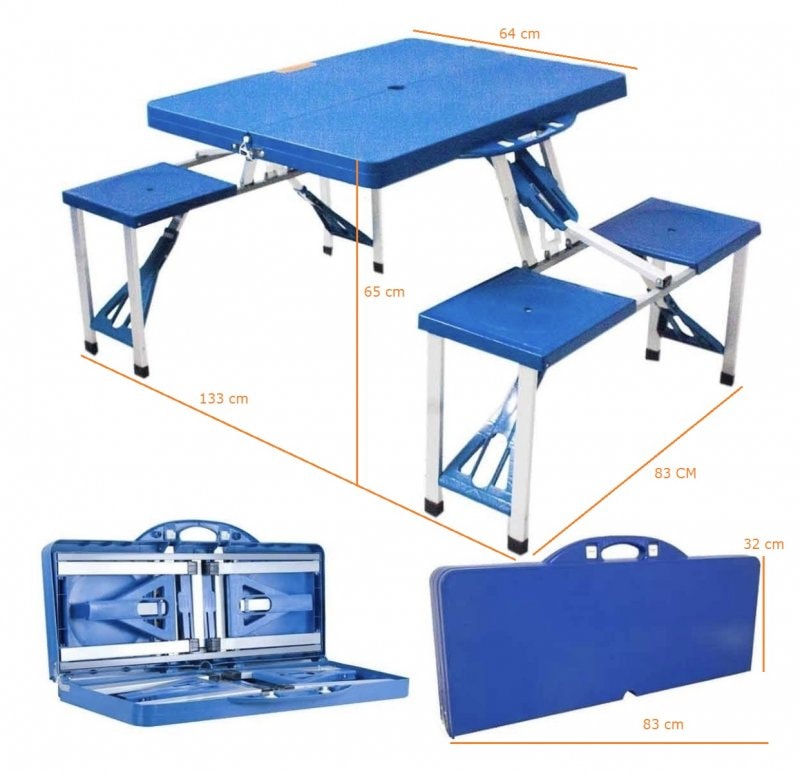 Mesa Dobrável de alumínio azul com 4 banquetas para Camping GH200