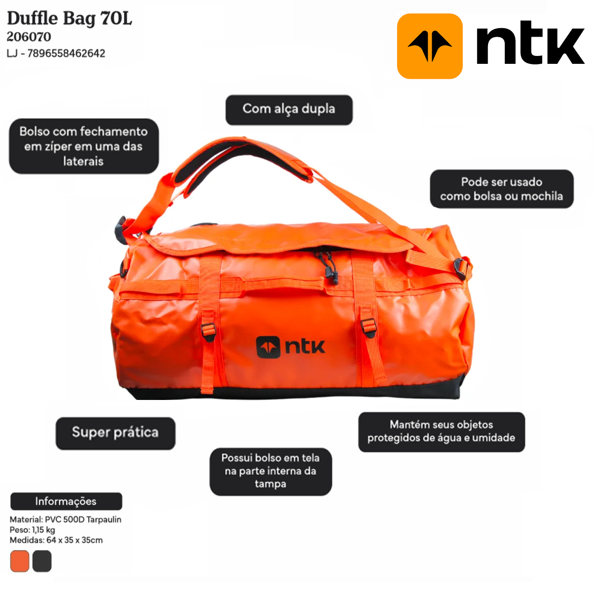 ミシェル Mochila Duffle Bag 70L Laranja para Viagens Camping 206070 Nautika