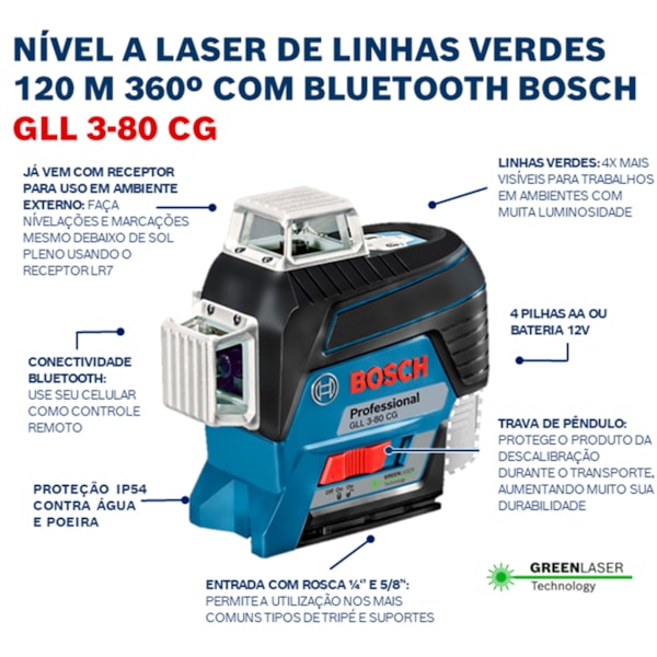 Nível À Laser C/ 3 Linhas Verdes E Receptor Gll 3-80CG Bosch-78a71f32-79f5-423f-b052-51f0563564c3
