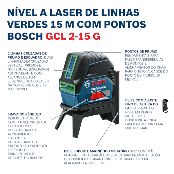 Nível a Laser de linhas verdes 15 metros com pontos Bosch GCL 2-15 G em Maleta-c3e4020a-9287-414e-8945-0c0a6b49358a