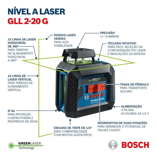 Nível Laser GLL 2-20 G Professional 10m 0601065000 Bosch-727faf55-2094-40c6-b42d-15e576e3912e