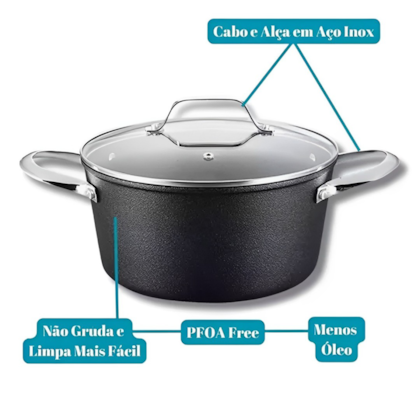 Panela Caçarola Black Rock em Alumínio Indução Fundo Triplo 20cm 2,8L Preta 10035 Mimo Style