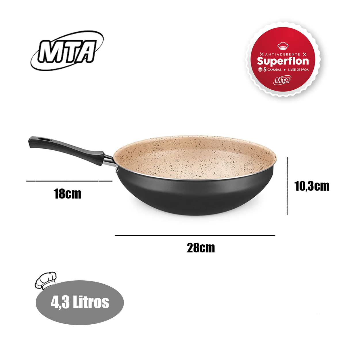 Panela Wok Cristal Superflon Em Alumínio 28cm 4,3L Preto/Bege 8503